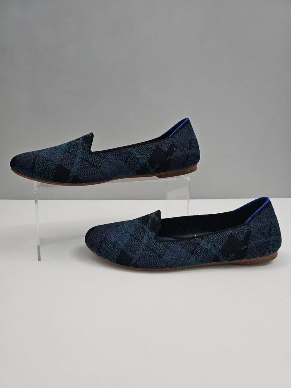 Rothy's The Loafer Flats Womens 8.5 Navy Plaid Knit Washable Slip On Preppy NEW